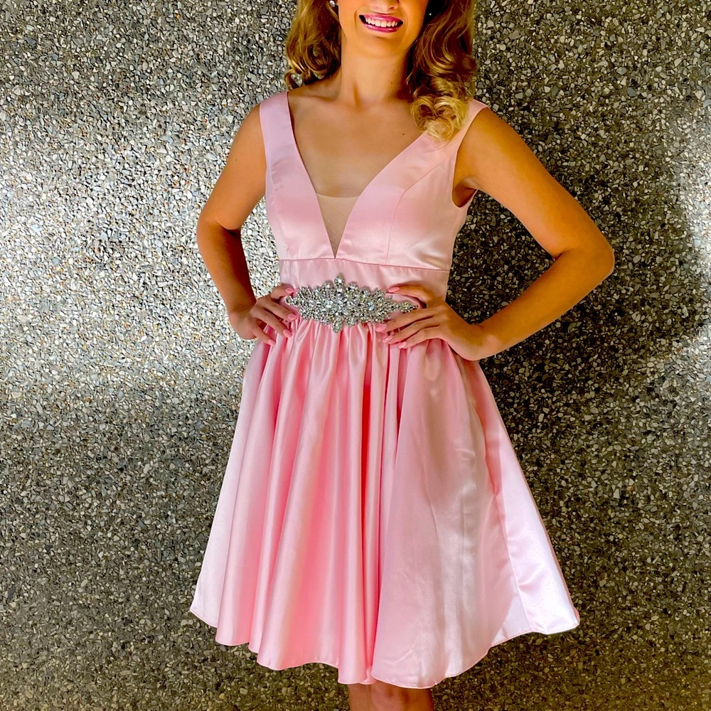 Cute Pink Cocktail Dress with removable Rhinestone Embellished ribbon belt